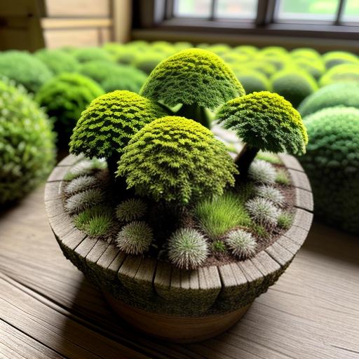 Ein dekorativer Blumentopf steht auf einem Holztisch und enthält mehrere kleine, kunstvoll geschnittene Bonsai-Bäume mit dichtem, moosartigem Laub. Um die Bäumchen herum wachsen verschiedene grüne und graue Moospolster. Im Hintergrund sind weitere ähnliche Pflanzen in weichem Licht zu sehen. Die Szene wirkt ruhig und natürlich. Das Bild steht stellvertretend für das Produkt "Deep Forst"