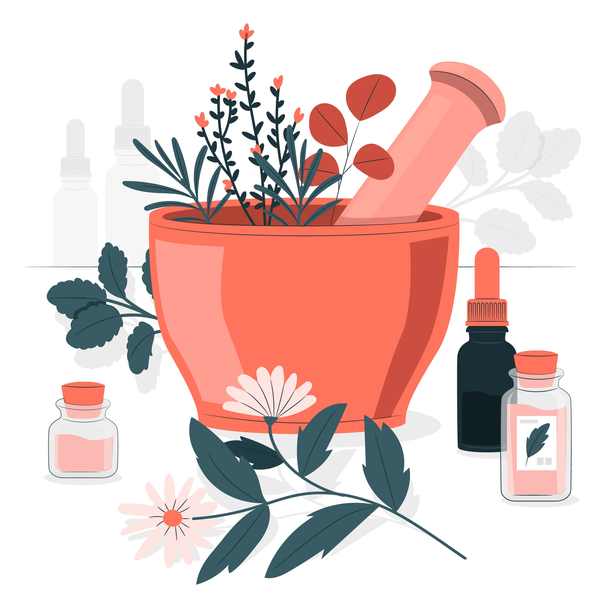 Illustration von einer großen, orangefarbenen Mörserschale mit Stößel. In der Schale stecken verschiedene Kräuter und Blätter. Rundherum stehen kleine Fläschchen mit Pipetten und Korken, einige mit Flüssigkeit gefüllt. Im Vordergrund liegen Blätter und Blüten. Das Bild vermittelt den Eindruck von Naturheilkunde und der Herstellung ätherischer Öle. Designet by freepik