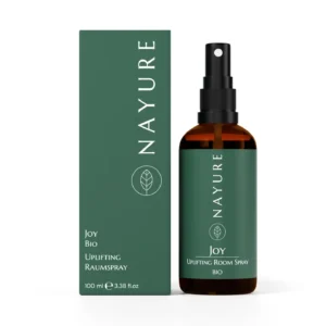 Nayure Joy Bio Raumspray 100ml in Braunglasflasche mit Verpackung, stimmungsaufhellender Raumduft mit Zitrone und Orange.